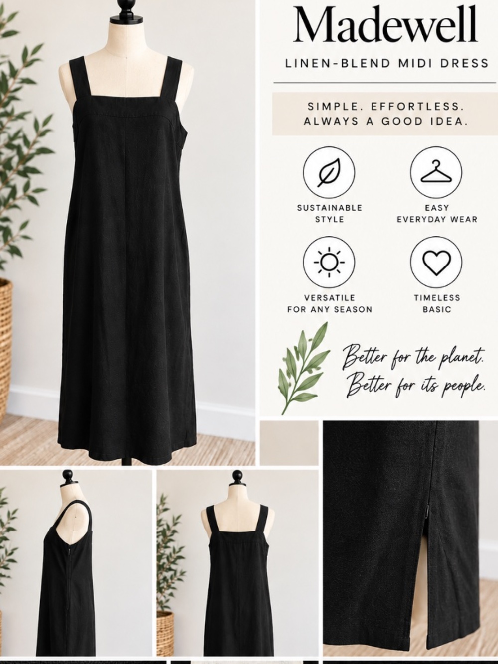 Madewell Black Linen Blend Square Neck Midi Dress Size L